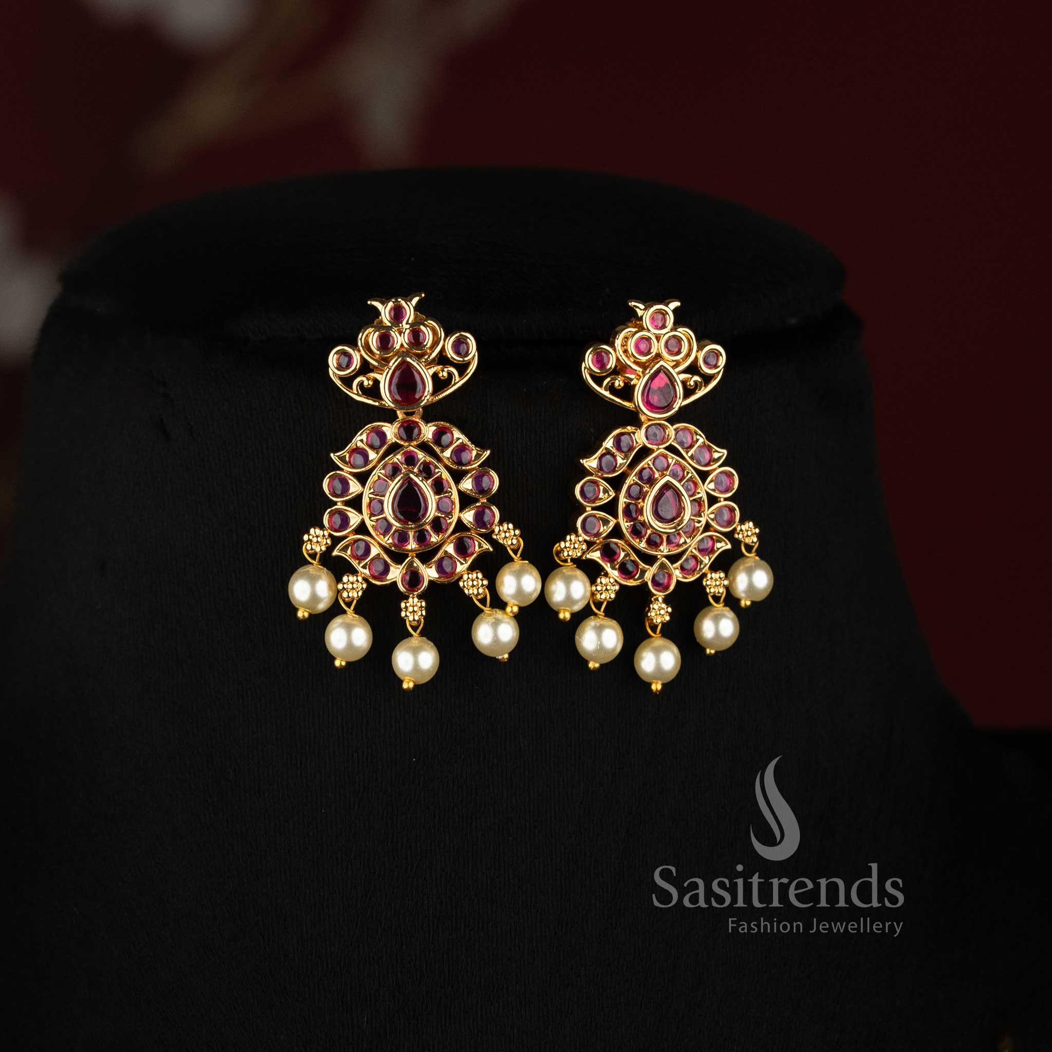 Sasitrends beautiful micro gold plated double row AD stone necklace jewellery set with pearl drops