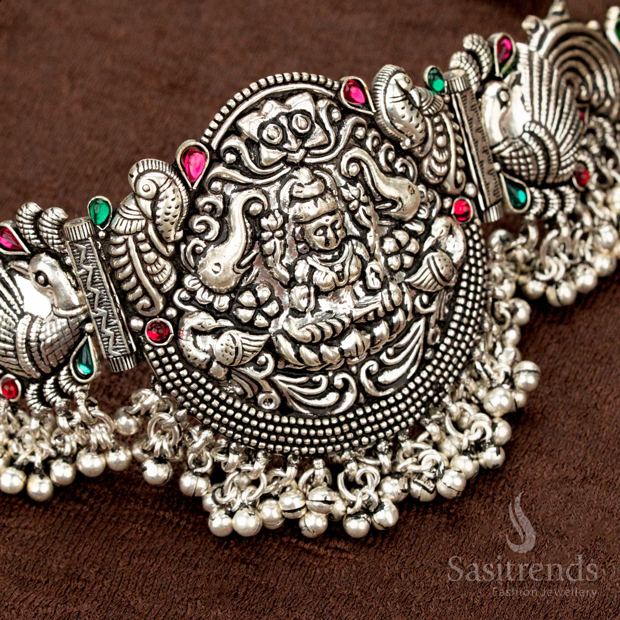 Traditional oxidised choker with Lakshmi goddess and peacock carvings
