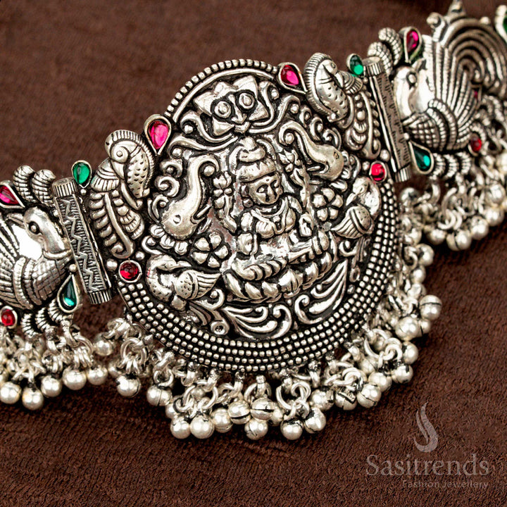 Traditional oxidised choker with Lakshmi goddess and peacock carvings