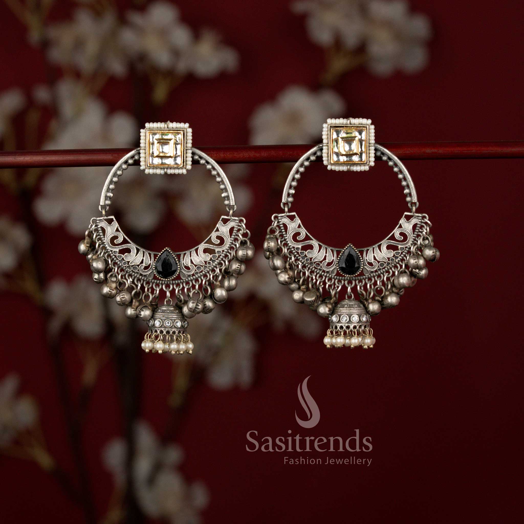 Elegant black oxidised 92.5 silver plated chandbali earrings from Sasitrends designed with a distinctive square hoop silhouette, antique finish texture and delicate pearl accents perfect for Navarathri and festive occasions.