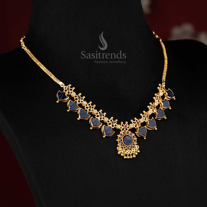 Elegant blue Kerala Palakka Lakshmi double side AD necklace jewellery, perfect ornament for festive outfits - Sasitrends
