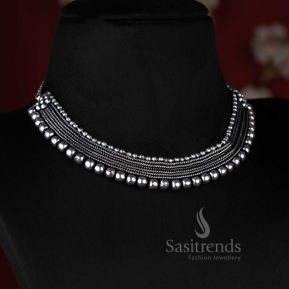 Sasitrends bold oxidised choker necklace featuring statement bead detailing crafted with strong ethnic design for stylish traditional and cultural wear