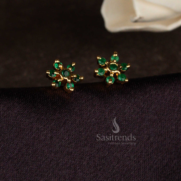Sasitrends classic gold look green American diamond stud earrings built with a bold floral star formation and polished surface
