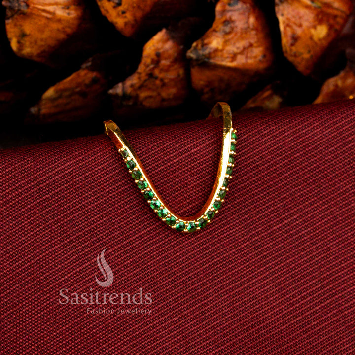 Sasitrends bridal 24K micro gold plated green AD U-shaped statement ring featuring a bold arc structure and carefully arranged stone setting ideal for weddings and reception wear.