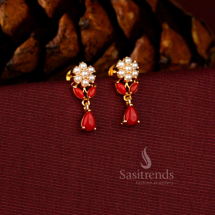 Sasitrends bridal micro gold plated pearl floral cluster earrings designed with a luminous teardrop pavalam  stud and rich guaranteed polish offering a true real gold finish appearance.
