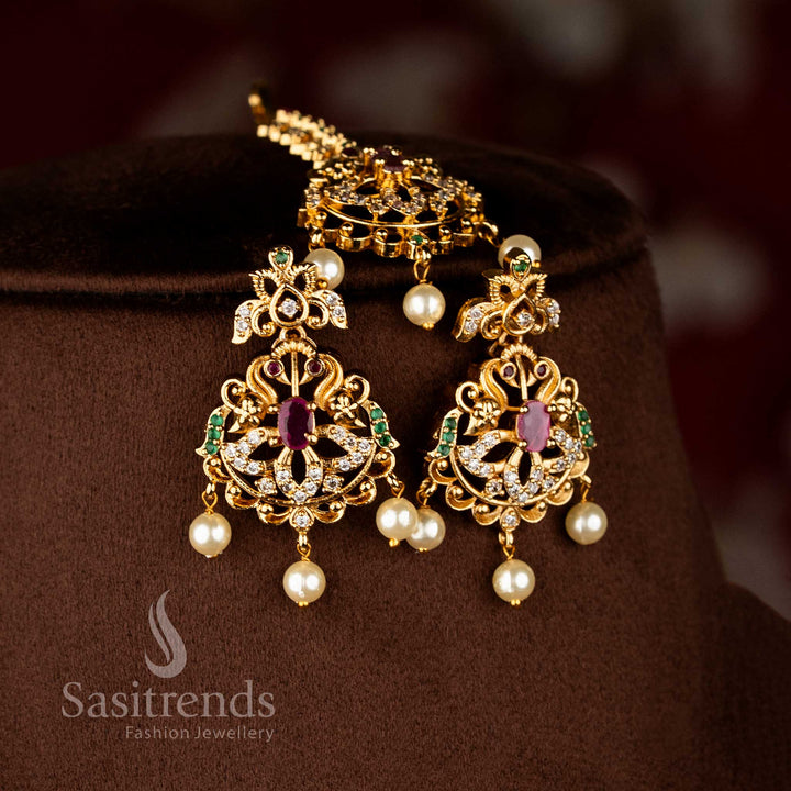 Sasitrends wedding wear matte gold plated multi AD stone temple necklace jewellery set with layered chains and intricate circular motif pendants