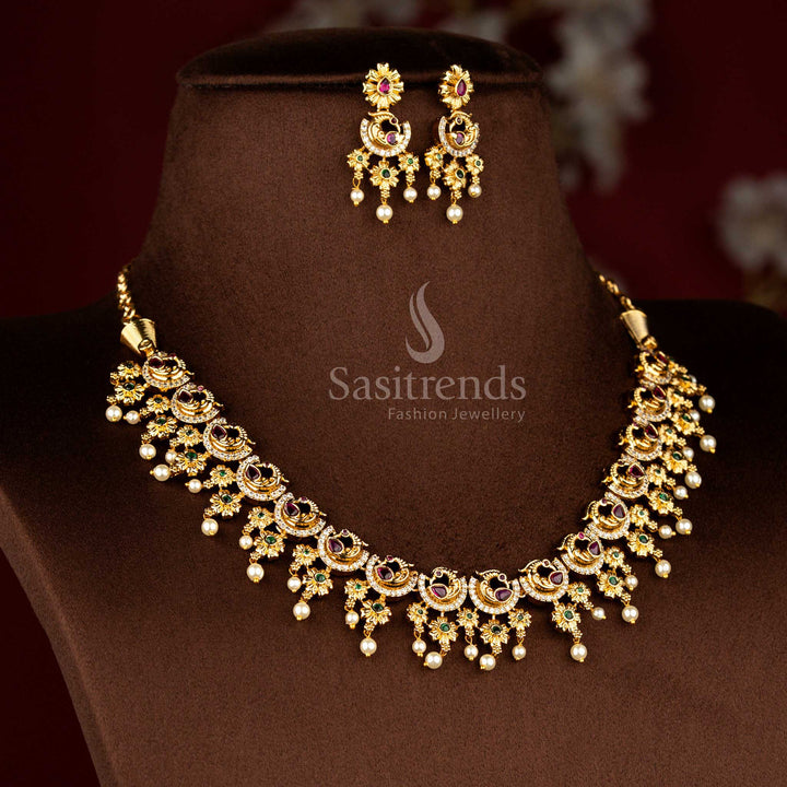 Sasitrends bridal temple matte gold plated peacock floral American diamond short necklace jewellery set crafted with elegant ethnic detailing for wedding and reception occasions