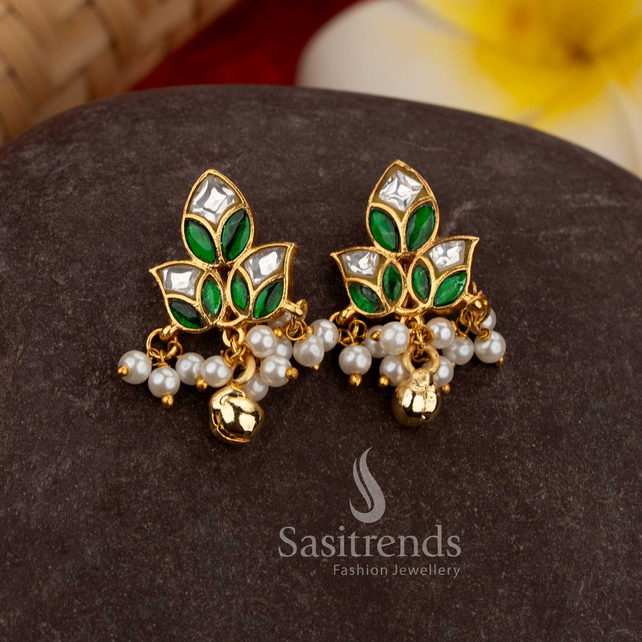 24K jadau gold plated leaf design white green kundan stone earcuff earrings for temple and wedding wear – Sasitrends