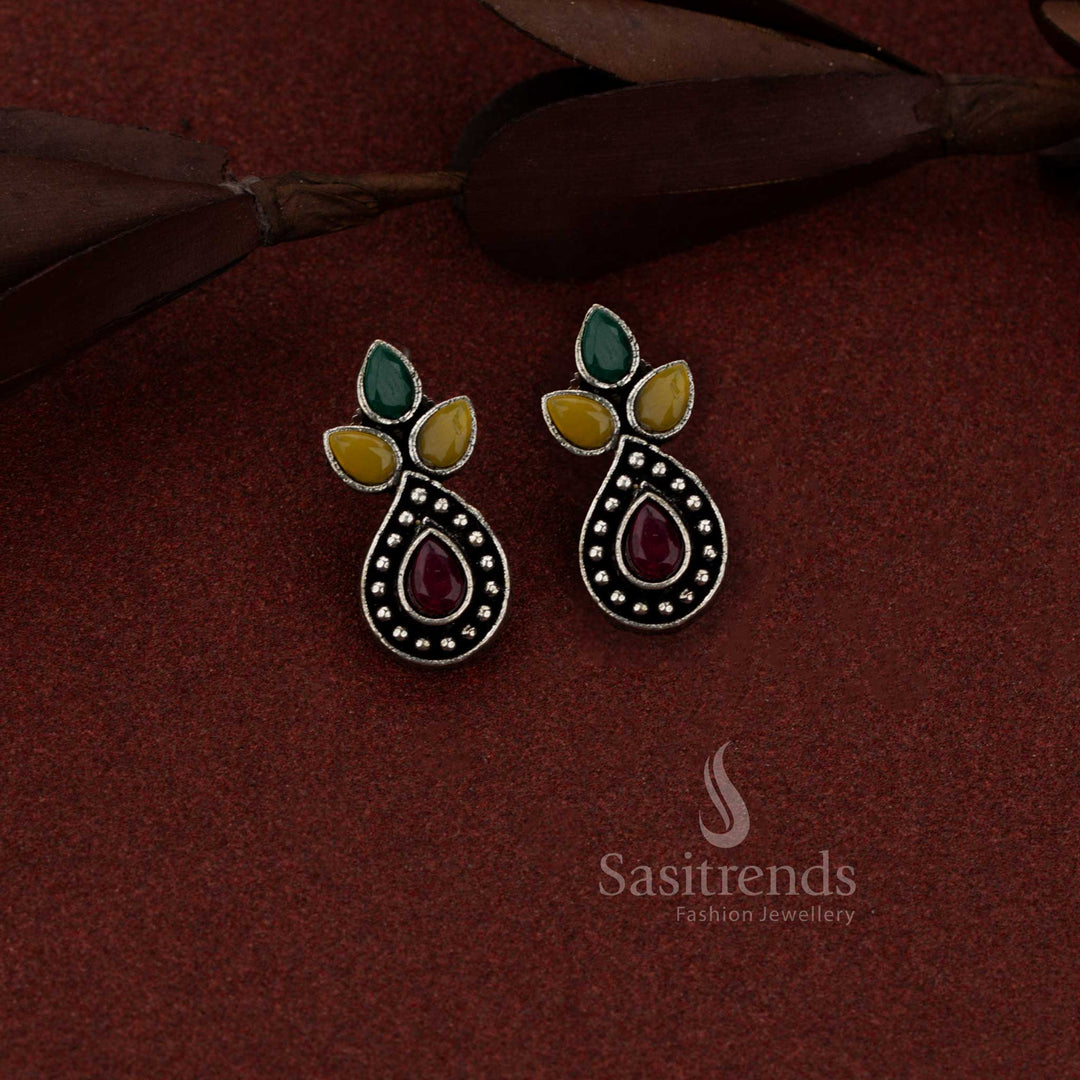 Sasitrends casual elegance oxidised silver stud earrings with trifoliate teardrop stone detailing for relaxed outings