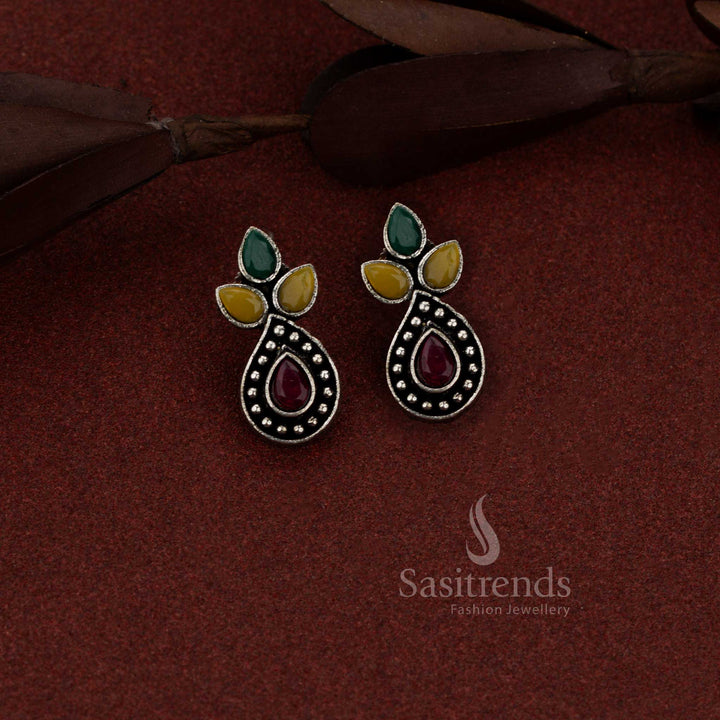 Oxidised Silver Trifoliate Teardrop Stone Stud Earrings for Brunches, Gallery Visits, and Evening Walks