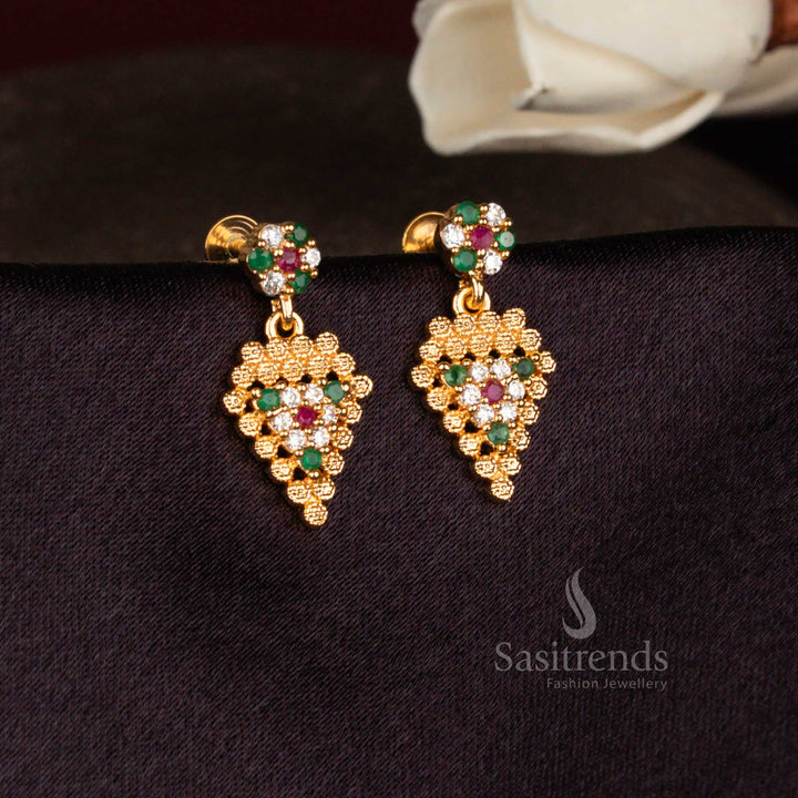 Sasitrends elegant multi AD stone micro gold plated drop earrings designed with floral top and structured hanging leaf form