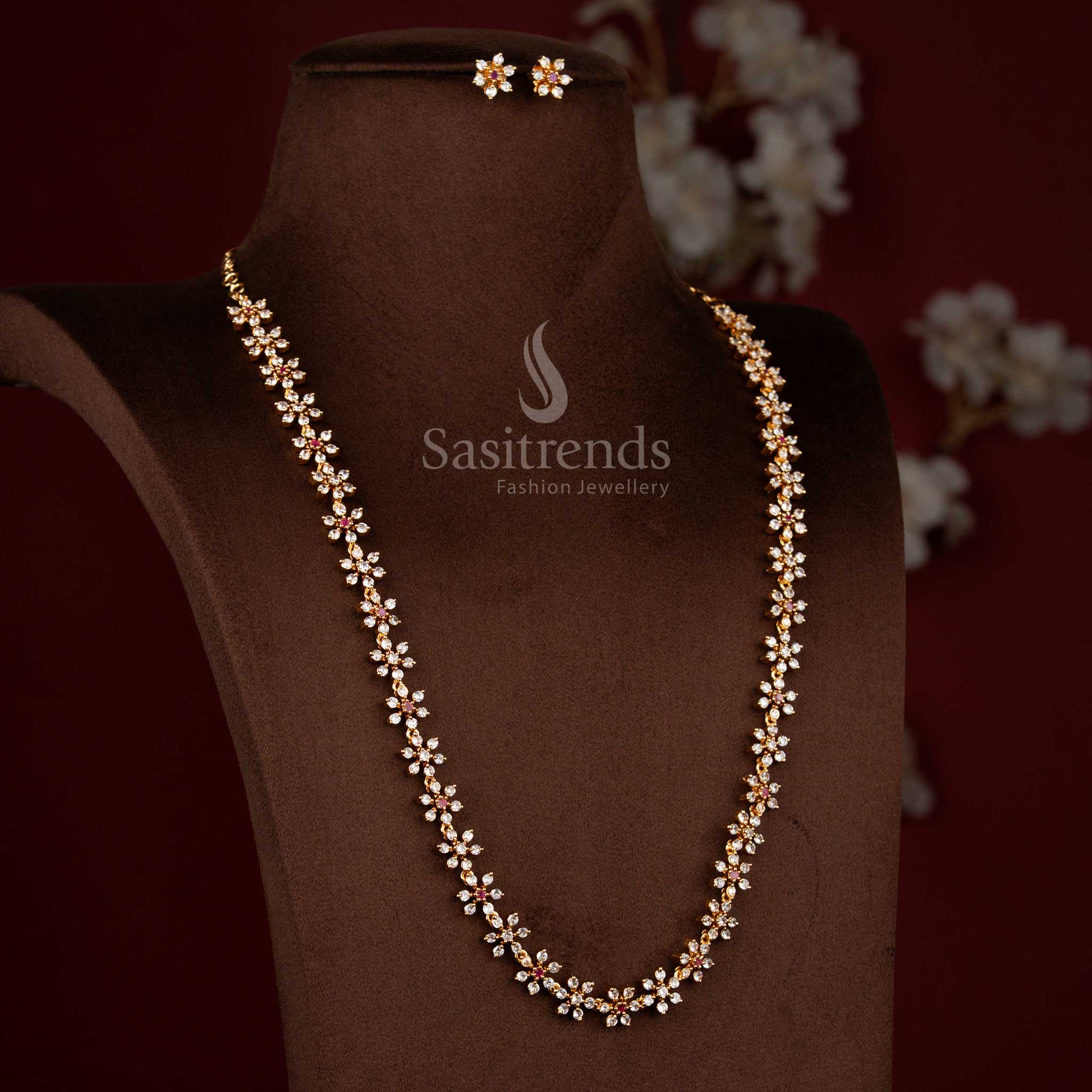Amazing Micro Gold Plated Floral Short & Long Necklace Jewellery Set with American Diamond Stones | One Gram Guaranteed Festive Wear - Sasitrends