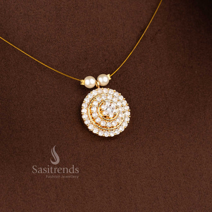 Sasitrends classic invisible American diamond 24K micro gold plated pendant necklace featuring pearl bead chain structure designed for festive and elegant jewellery styling 