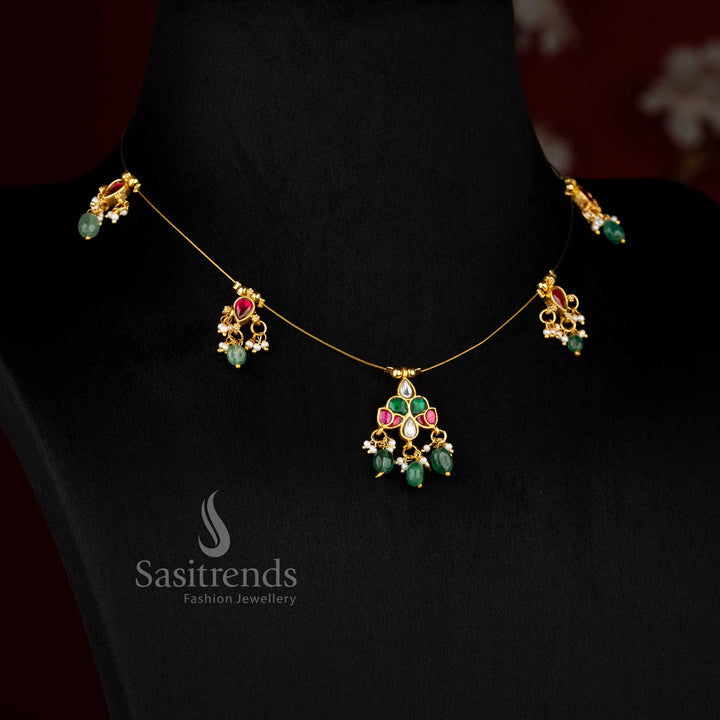 Sasitrends classic jadau invisible chain 24K gold plated necklace designed with graceful motifs and pearl accents perfect for saree and cultural styling