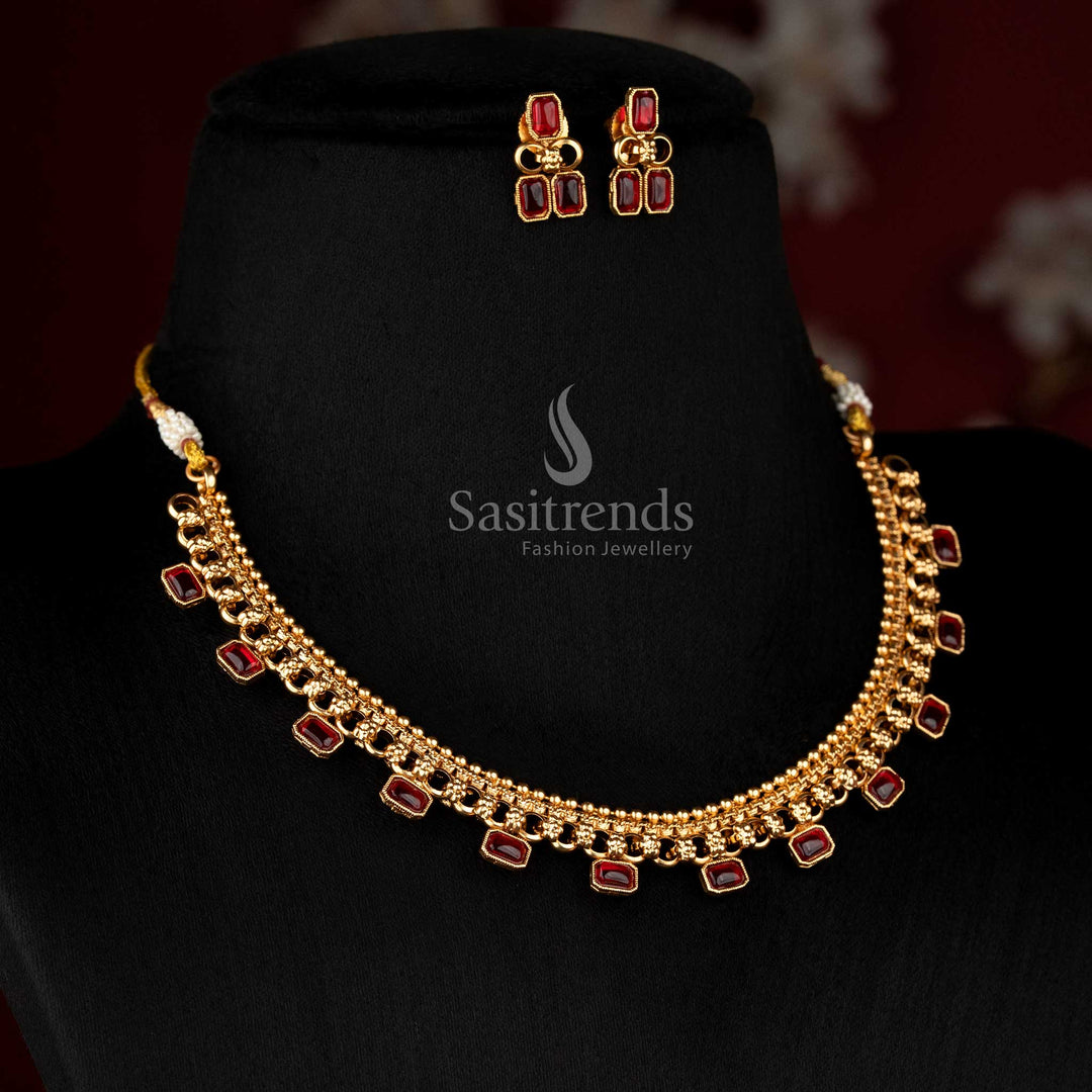 Striking ruby classic matte gold plated emerald cut rectangular stone choker necklace set, ideal for festive wear – Sasitrends