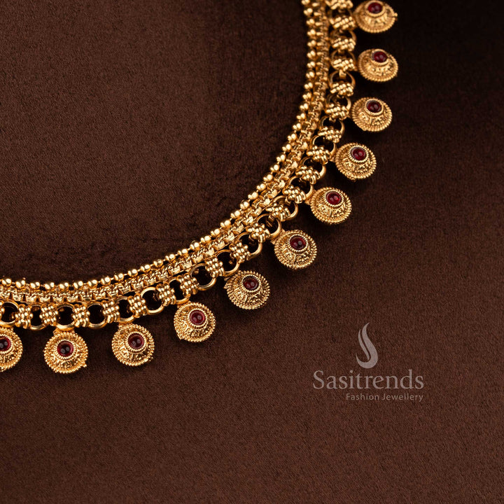 Sasitrends classic matte gold plated flexible chain necklace jewellery set designed with round motif structure and elegant beaded drop elements inspired by traditional temple jewellery styling