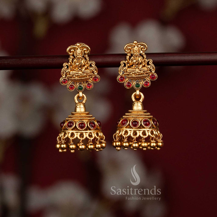 Classic Temple Matte Gold Plated Lakshmi Devi Jhumka Earrings with Golden Beads for Traditional Saree Wear