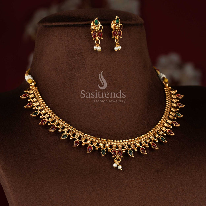 Elegant Classic Matte Gold Plated Mango Paisley Pearl Cluster Pendant Necklace Set for Women – Wedding & Festive Wear