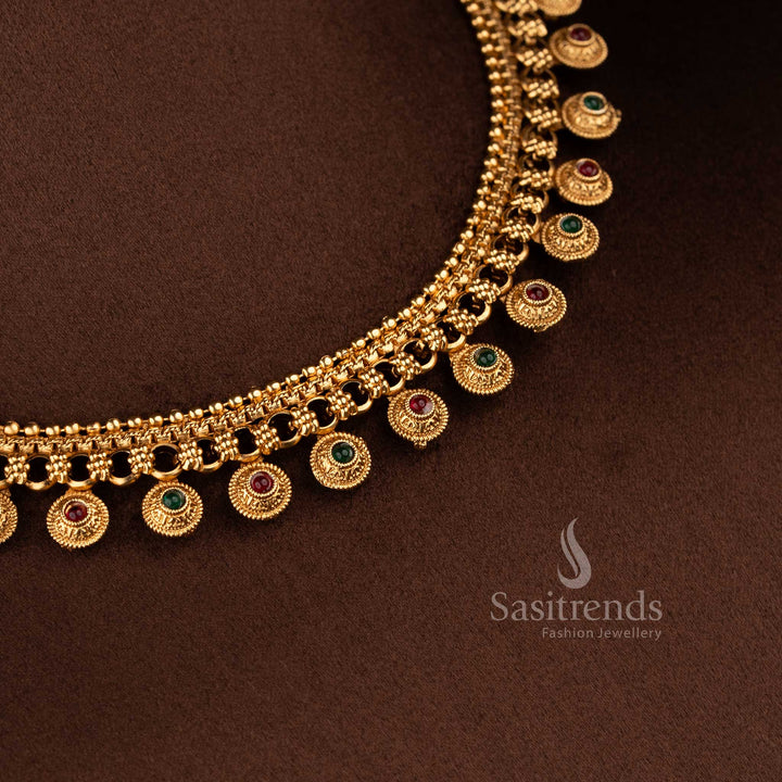 Sasitrends classic matte gold plated round ruby green motif flexible chain necklace jewellery set with bead drop design and matching stud earrings traditional temple style