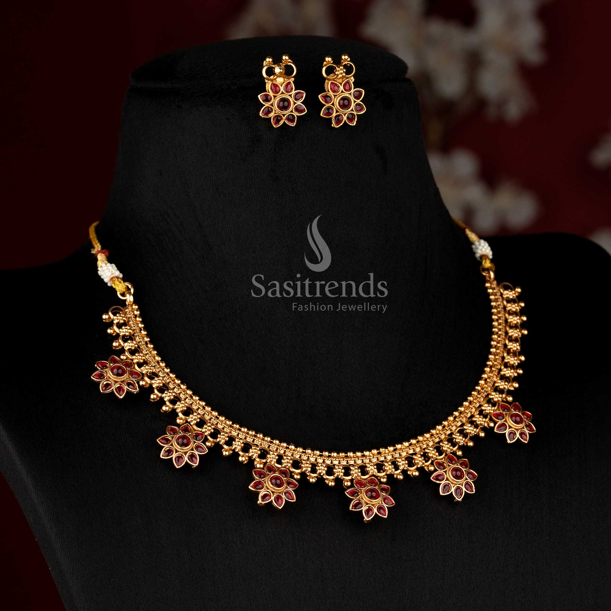 Royal classic matte gold plated ruby floral guttapusalu style choker necklace set for women, perfect for temple wear – Sasitrends