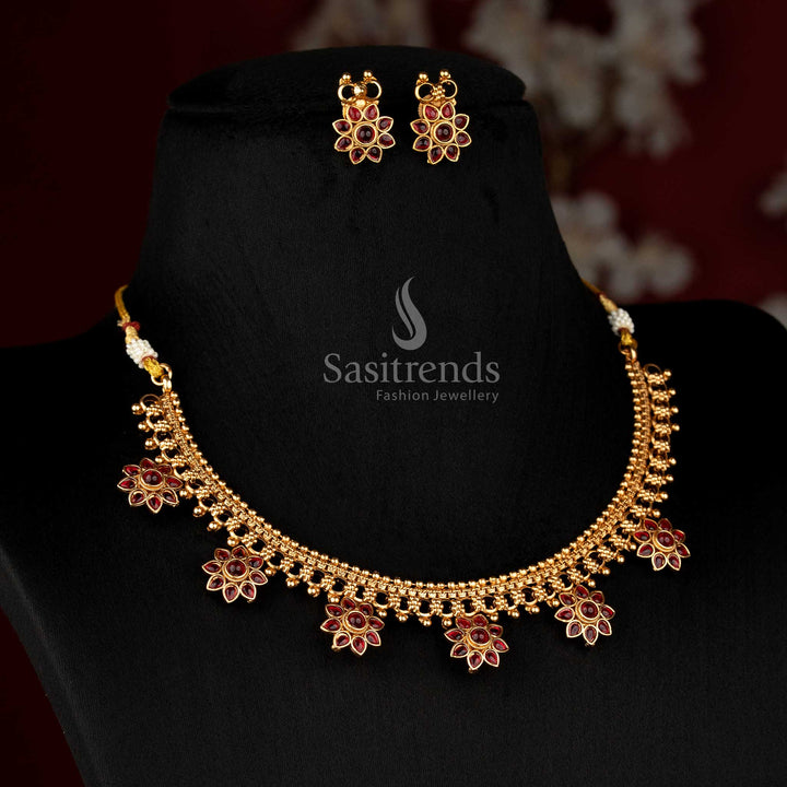 Royal classic matte gold plated ruby floral guttapusalu style choker necklace set for women, perfect for temple wear – Sasitrends