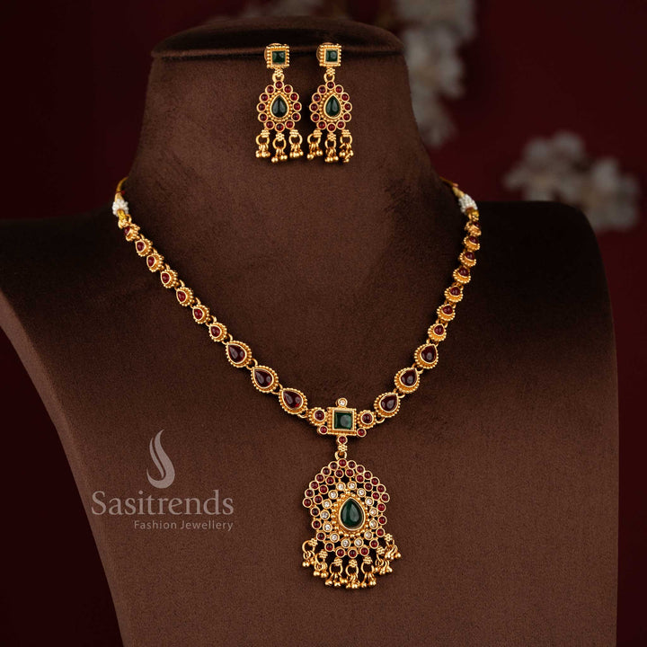 Vibrant multi elegant classic matte gold plated teardrop necklace jewellery set for women with colourful gemstone combination and decorative drop design, striking accessory for festive saree outfits – Sasitrends