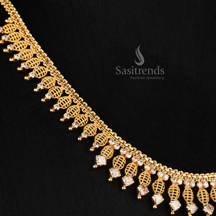 Sasitrends classic micro gold plated leaf lattice necklace featuring structured white AD stone design with layered hanging drop elements for traditional jewellery collections