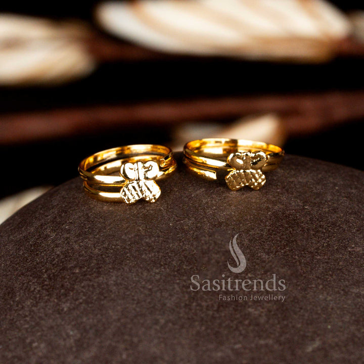 Sasitrends classic one gram gold plated butterfly motif adjustable toe rings crafted with decorative wire patterns and graceful bead hangings offering a refined traditional jewellery look.