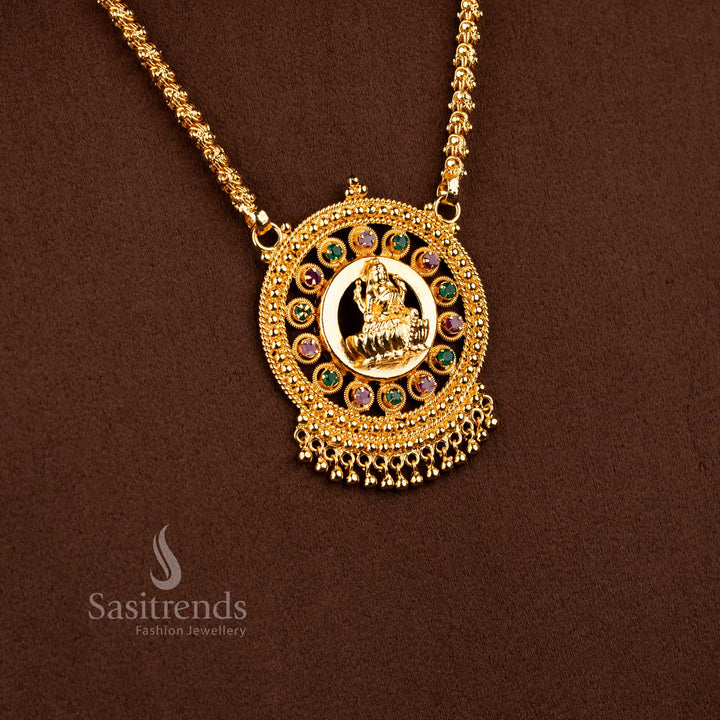 Sasitrends classic one gram micro gold plated Lakshmi motif pendant chain necklace with AD stone frame structure crafted for elegant traditional wear