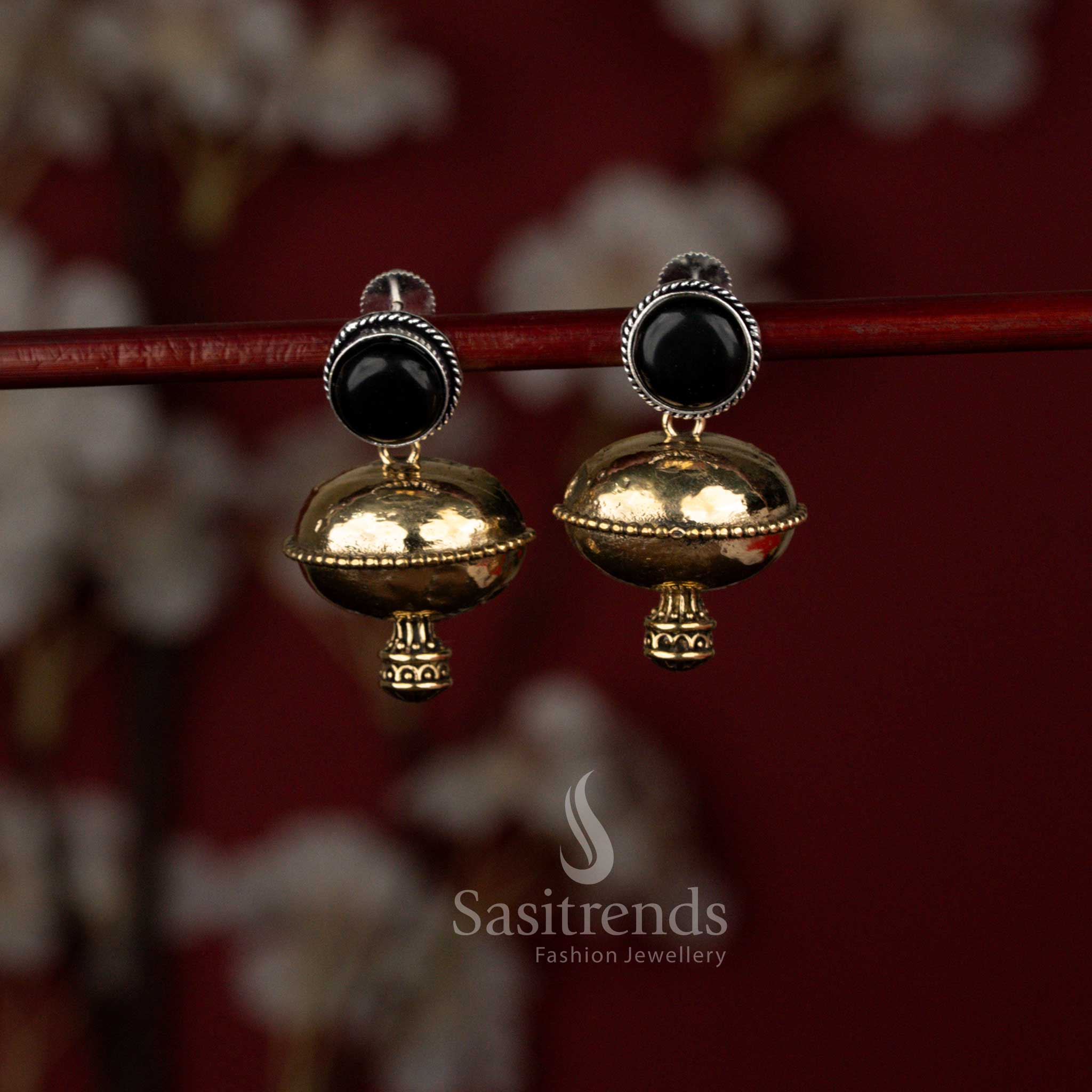 Classic black oxidised dome drop earrings by Sasitrends showcasing a radiant round stone stud and heritage inspired bell structure ideal for Navaratri, weddings and celebration wear.