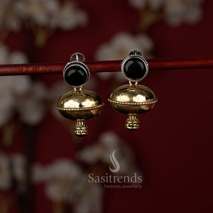 Classic black oxidised dome drop earrings by Sasitrends showcasing a radiant round stone stud and heritage inspired bell structure ideal for Navaratri, weddings and celebration wear.