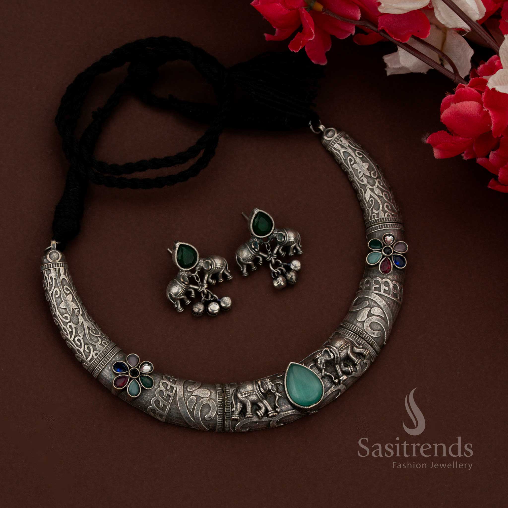 Sasitrends classic oxidised husli mint necklace set designed with intricately detailed elephant motifs