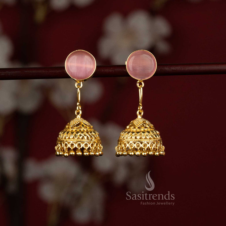 Sasitrends classic pink round motif gold plated jhumka earrings featuring traditional bell structure and circular motif design for elegant ethnic fashion styling