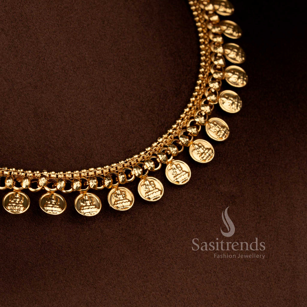 Sasitrends pocket friendly wedding wear matte gold Lakshmi coin necklace featuring double-layer chain and embossed coin design