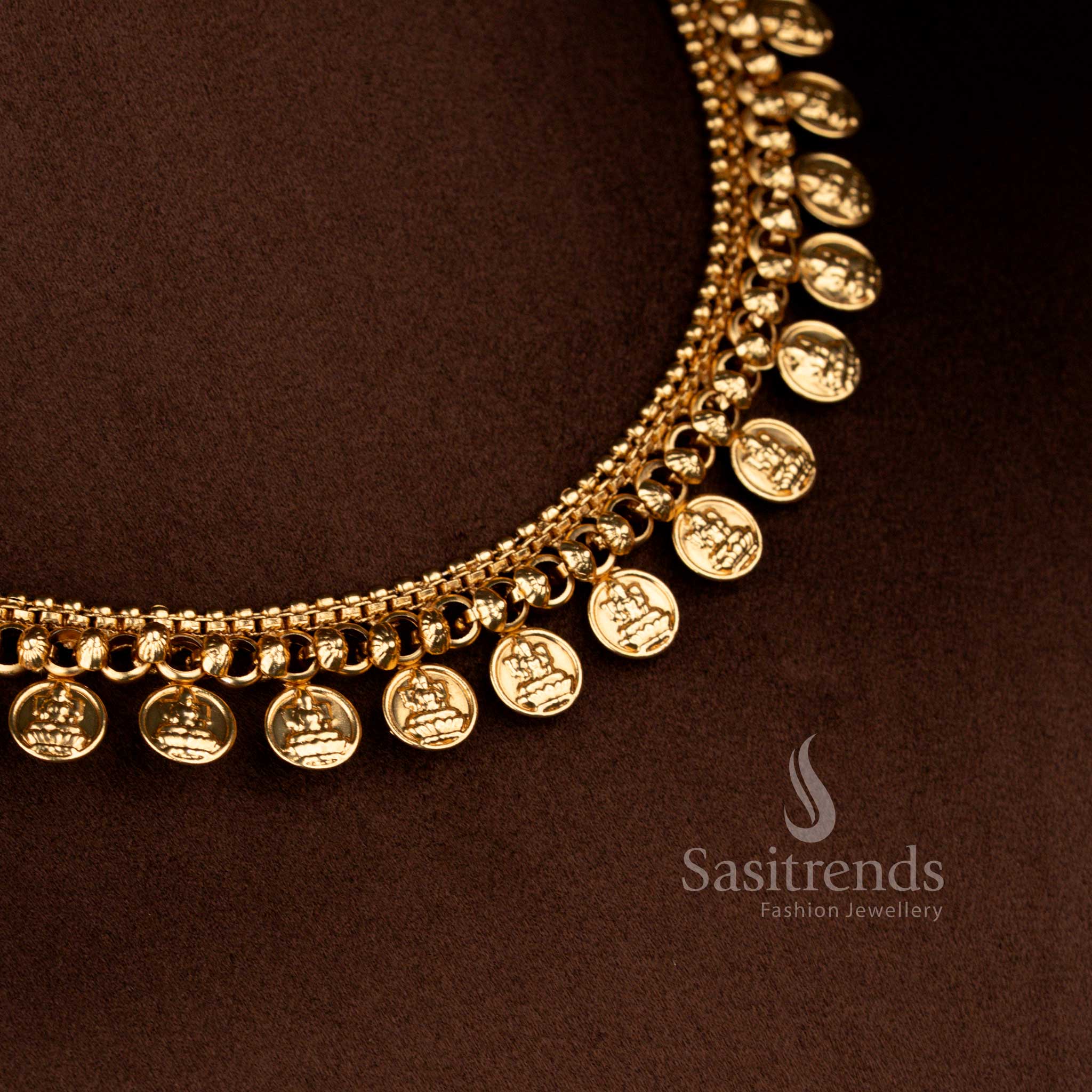Sasitrends pocket friendly wedding wear matte gold Lakshmi coin necklace featuring double-layer chain and embossed coin design