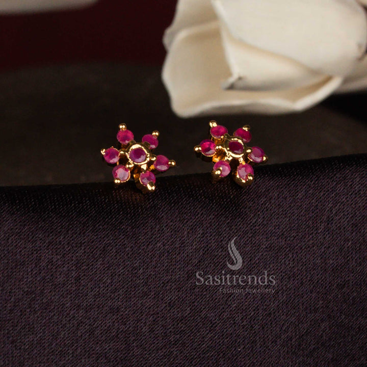 Sasitrends elegant ruby AD stone micro gold plated stud earrings showcasing a structured star floral design for office and festive styling