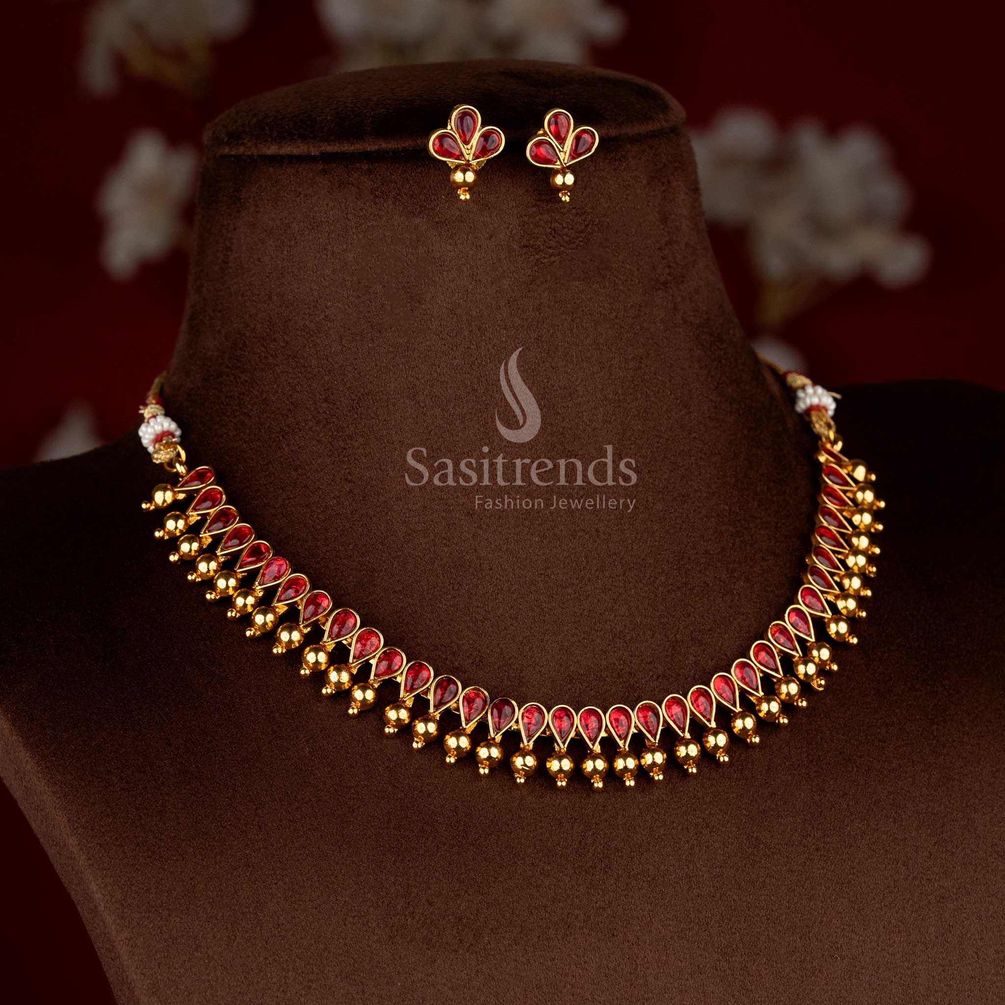Sasitrends classic temple jewellery antique matte gold teardrop ruby stone necklace set perfect for bridal and wedding wear