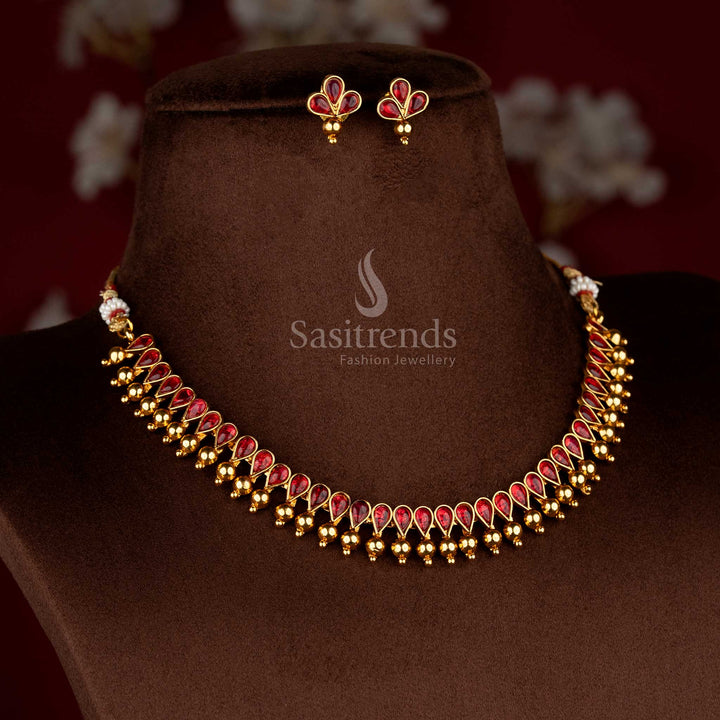 Sasitrends classic temple jewellery antique matte gold teardrop ruby stone necklace set perfect for bridal and wedding wear