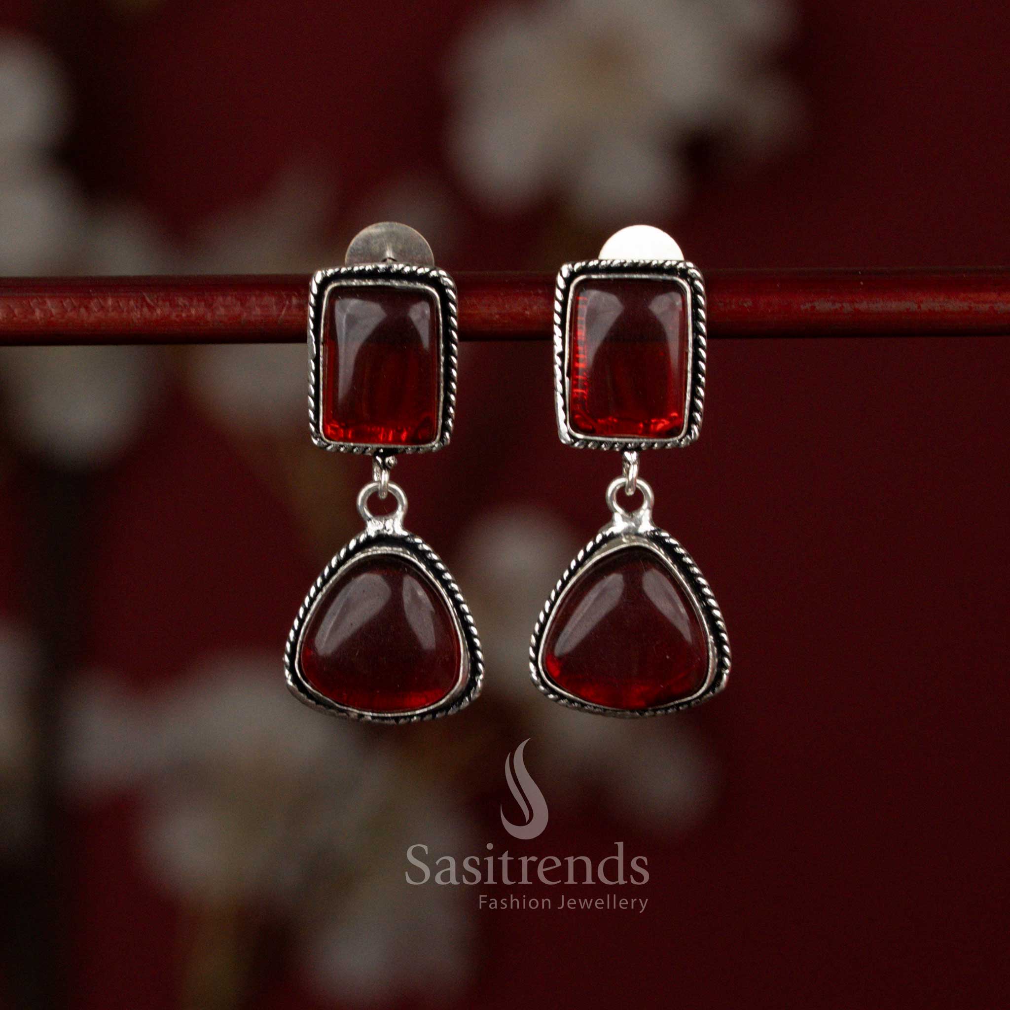 Contemporary oxidised Monalisa stone earrings from Sasitrends designed in a layered square and triangle silhouette with soft pearl detailing, offering a chic blend of modern geometry and semi-ethnic charm.