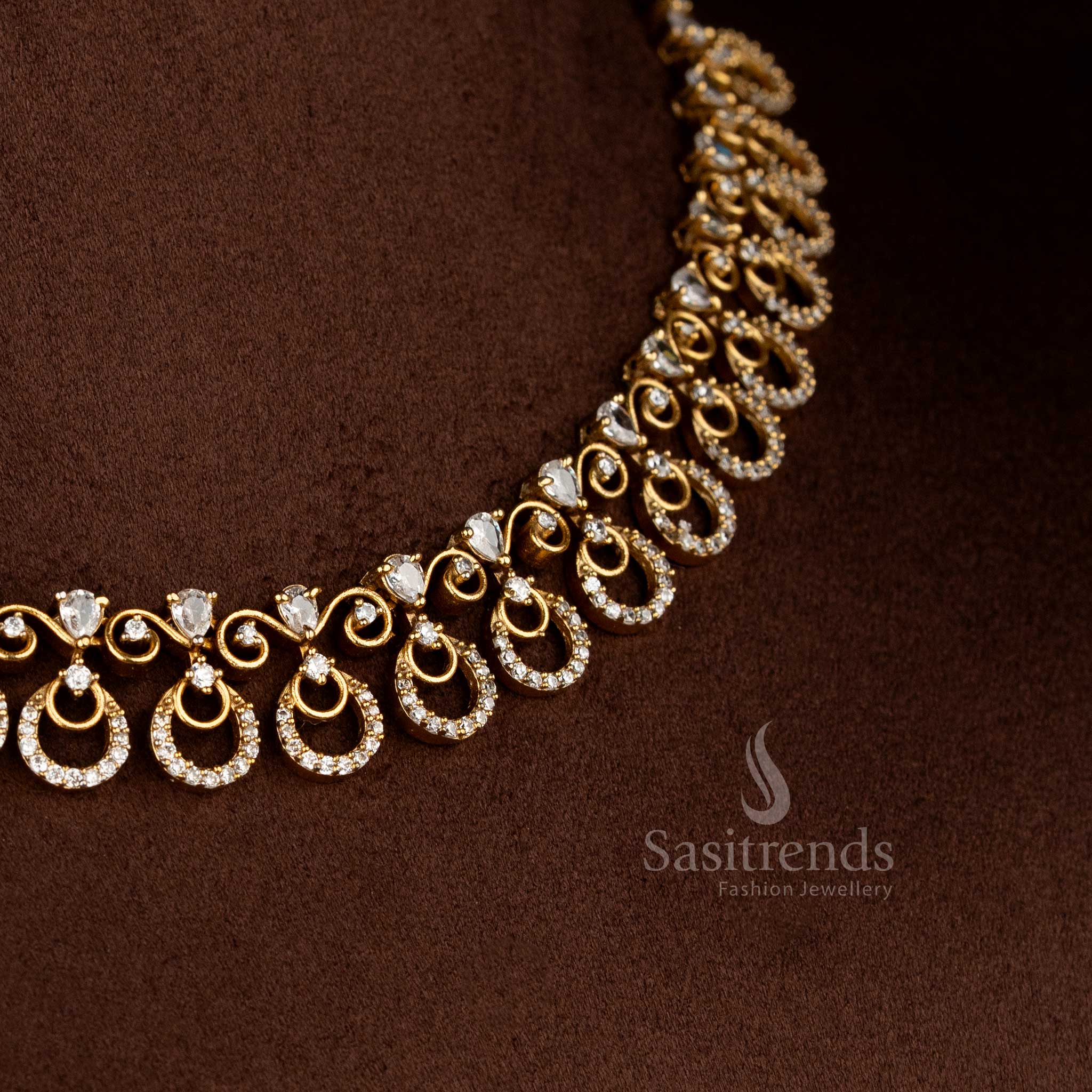 Sasitrends crescent pattern white AD studded single-layer necklace and matching earrings set