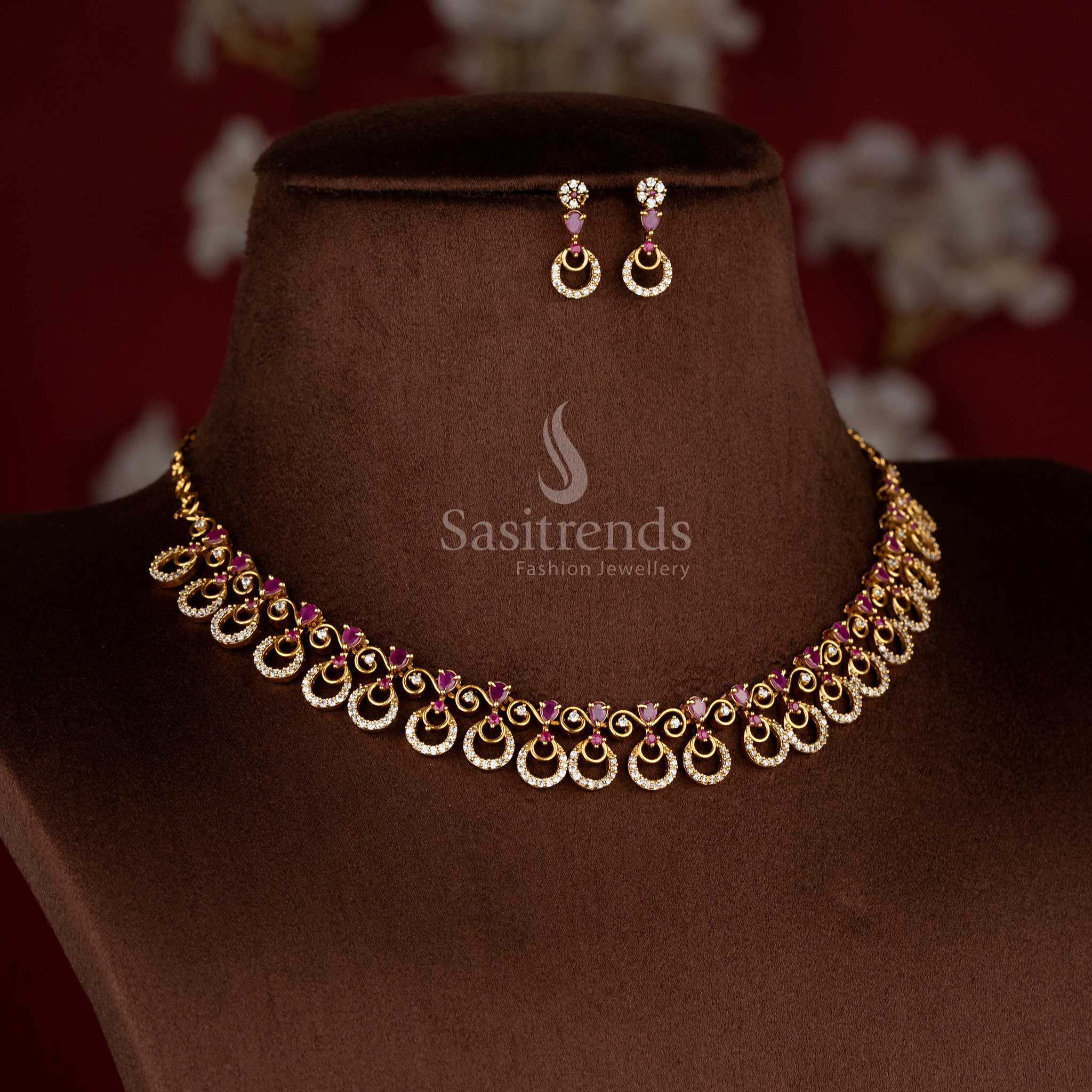 Sasitrends crescent pattern white ruby AD studded single-layer necklace and matching earrings set
