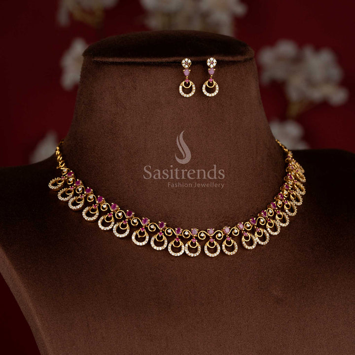 Sasitrends crescent pattern white ruby AD studded single-layer necklace and matching earrings set