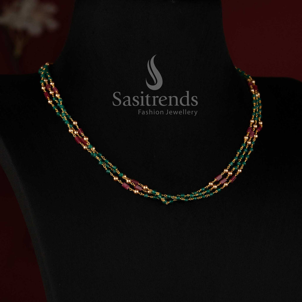 Cubic Zirconia stone triple-strand beaded necklace with green and pink accents by Sasitrends 