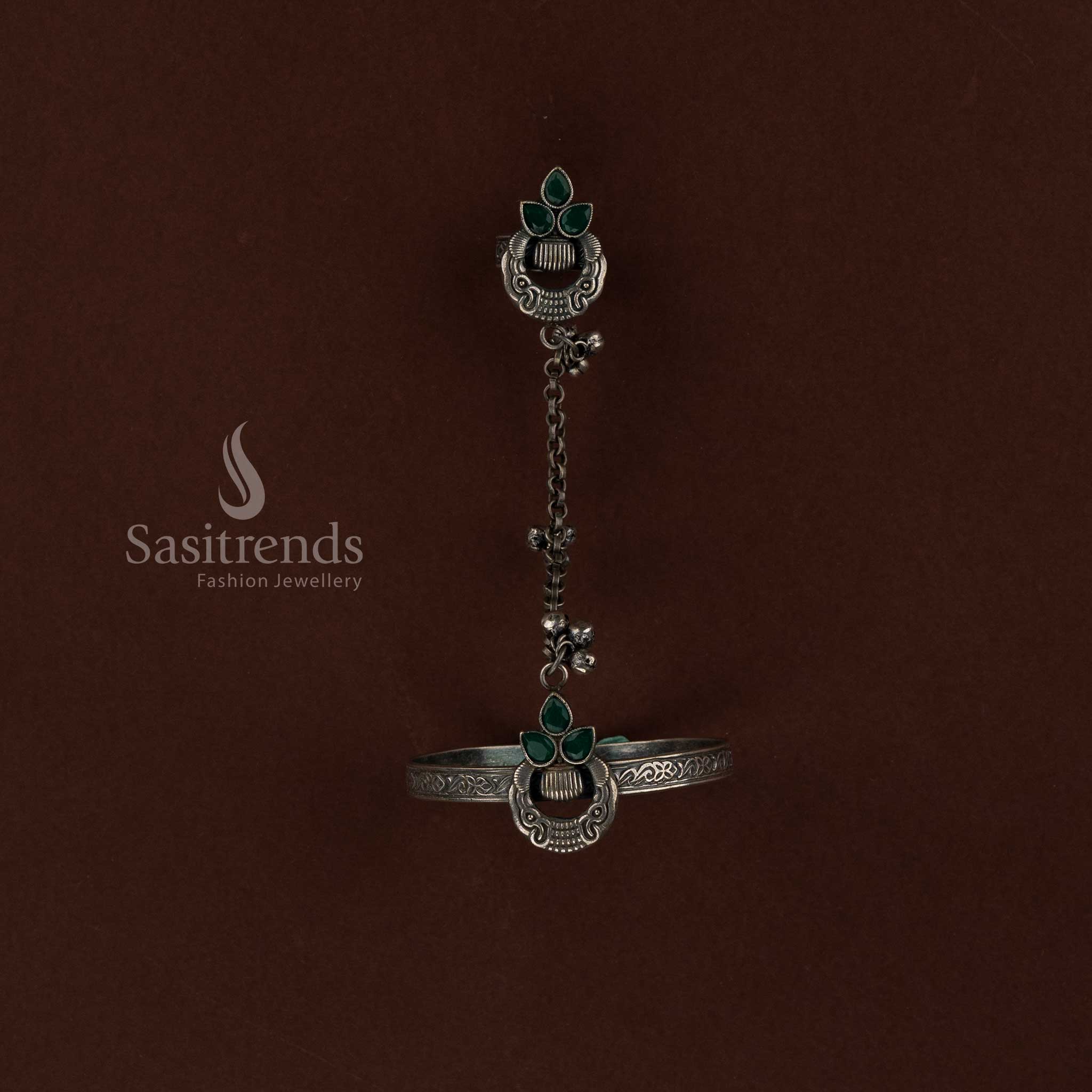 Sasitrends cultural oxidised finger ring and kada bracelet jewellery designed for Navarathri festival wear and elegant traditional outfits