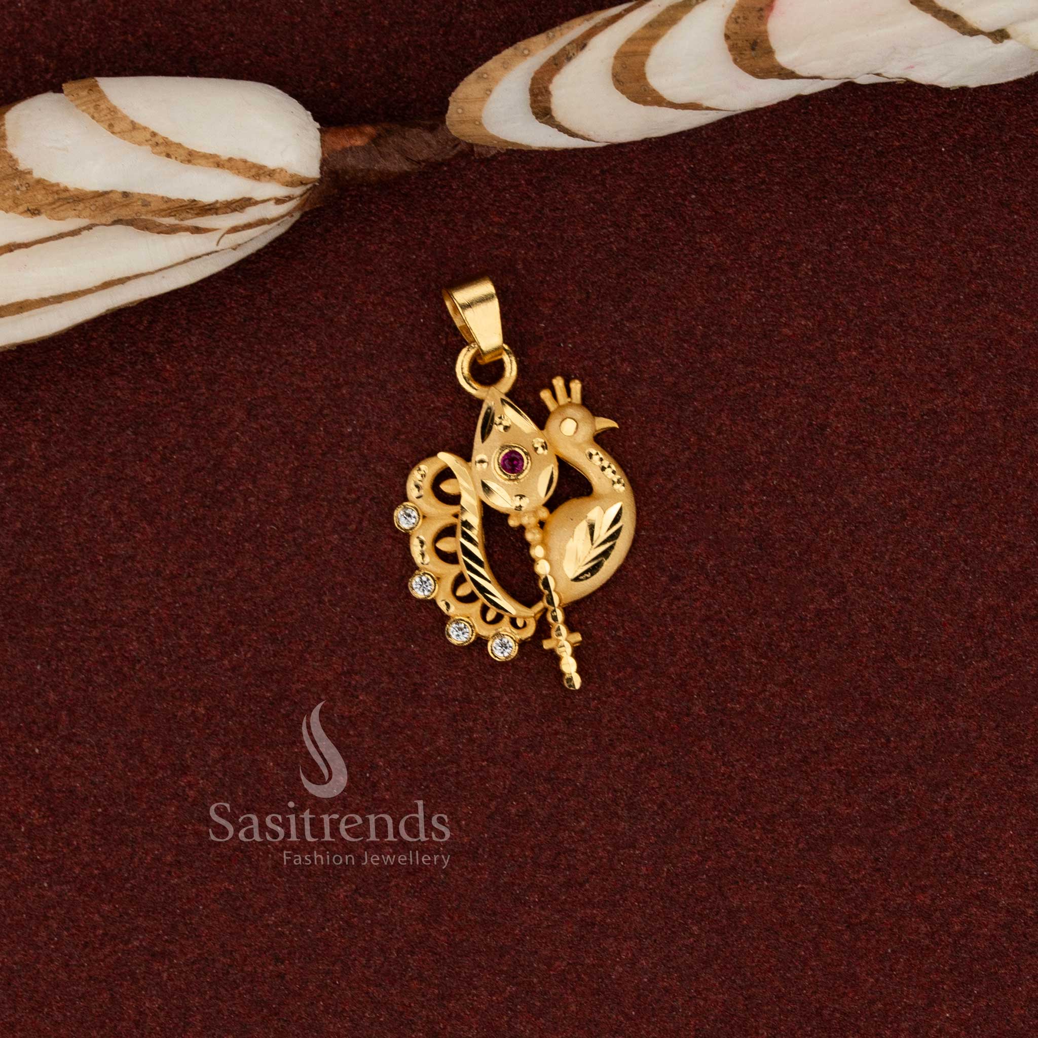 Sasitrends cultural style 24K micro gold plated ethnic vel peacock forming pendant featuring classic craftsmanship for traditional attire and spiritual events