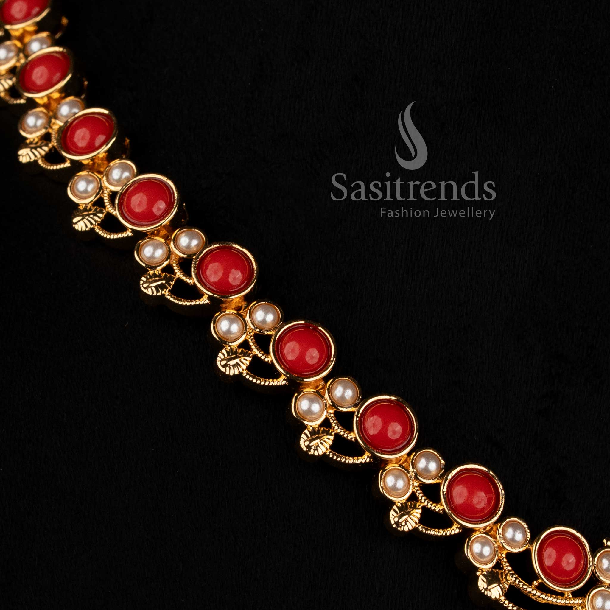 Sasitrends traditional jewellery set featuring a curved neckline necklace, coordinated round stone detailing, pearl embellishments, layered centre pendant and matching drop earrings