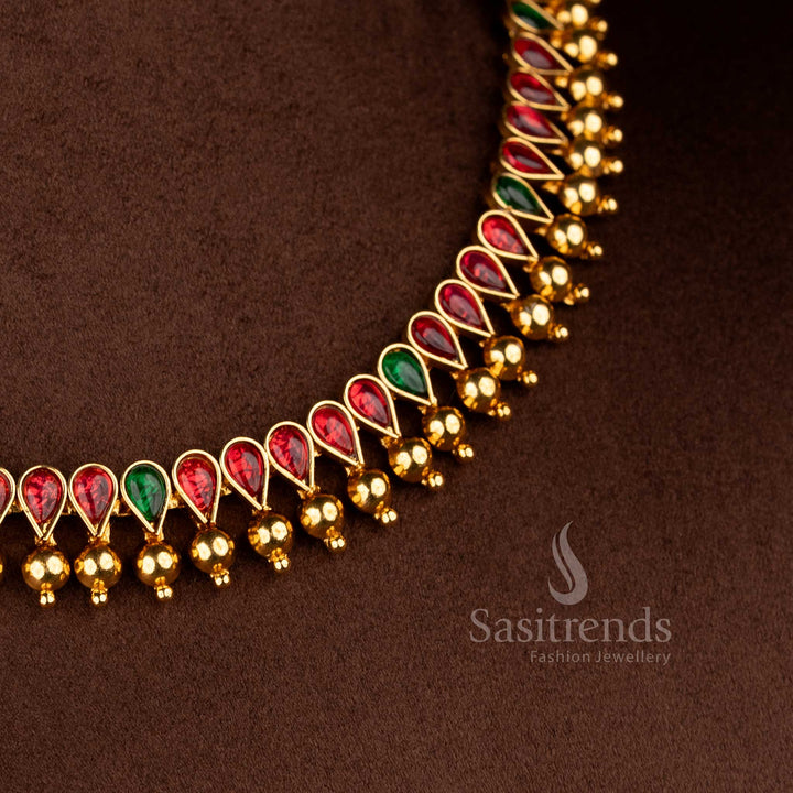 Sasitrends antique matte gold plated structured necklace showcasing teardrop ruby green stone border design with rich brass finish