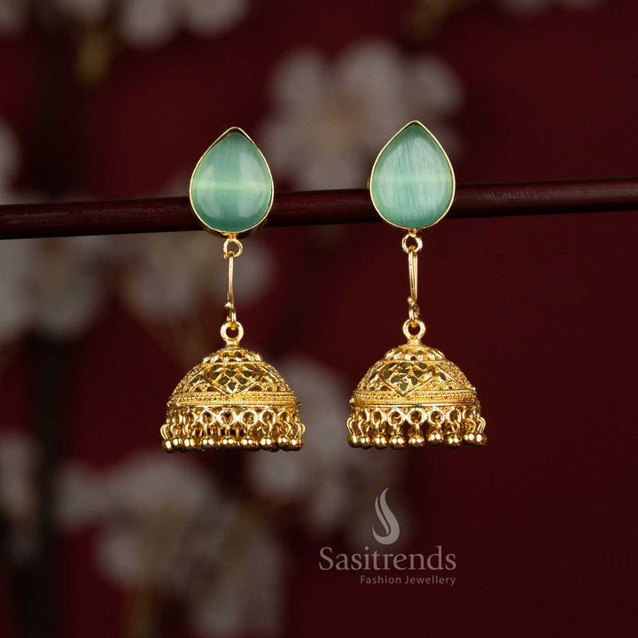 Sasitrends fashionable gold plated dome drop earrings with mint pear motif structure  