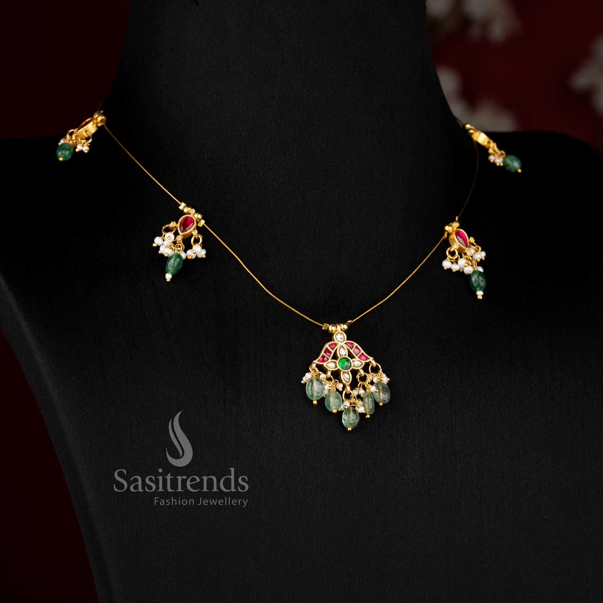 Sasitrends designer jadau invisible chain 24K gold plated necklace featuring intricate motif elements with pearl touch suitable for elegant ethnic wear