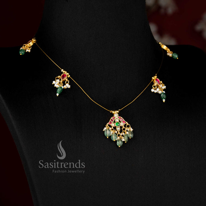 Sasitrends designer jadau invisible chain 24K gold plated necklace featuring intricate motif elements with pearl touch suitable for elegant ethnic wear